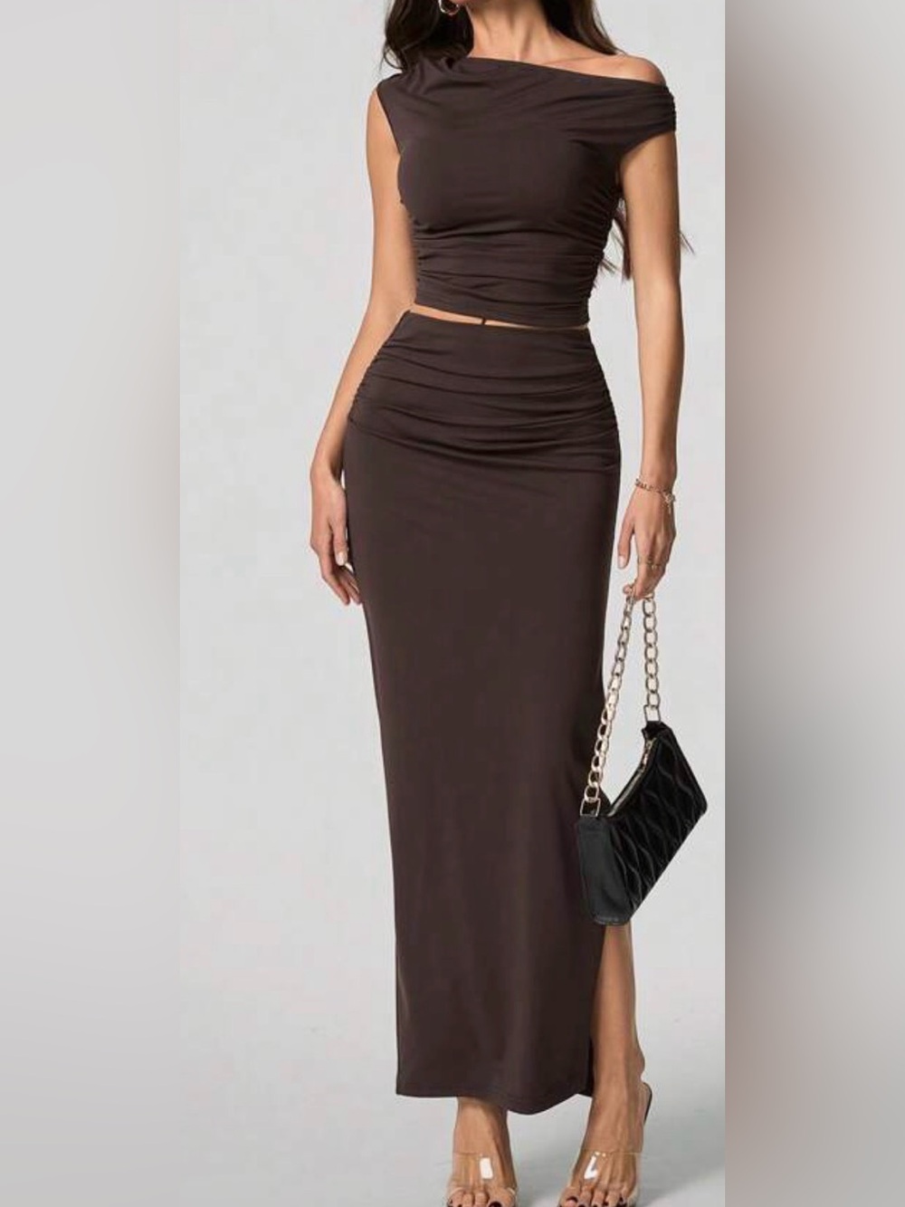 Classic High-Waist Brown Maxi Skirt Set with off shoulder top